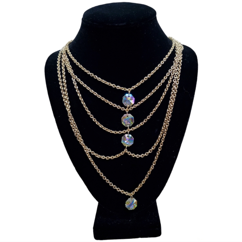 Layered Rhine Stone Base Metal Gold Plated Necklace